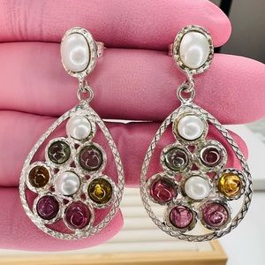 Vintage Pearl and Multi Sapphire Teardrop Earrings in Sterling Silver